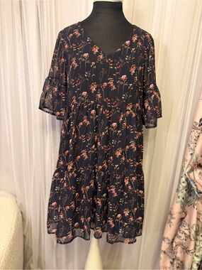 Staccato Navy Floral Tiered Mini Dress Size S Bell Sleeve Cottagecore Boho